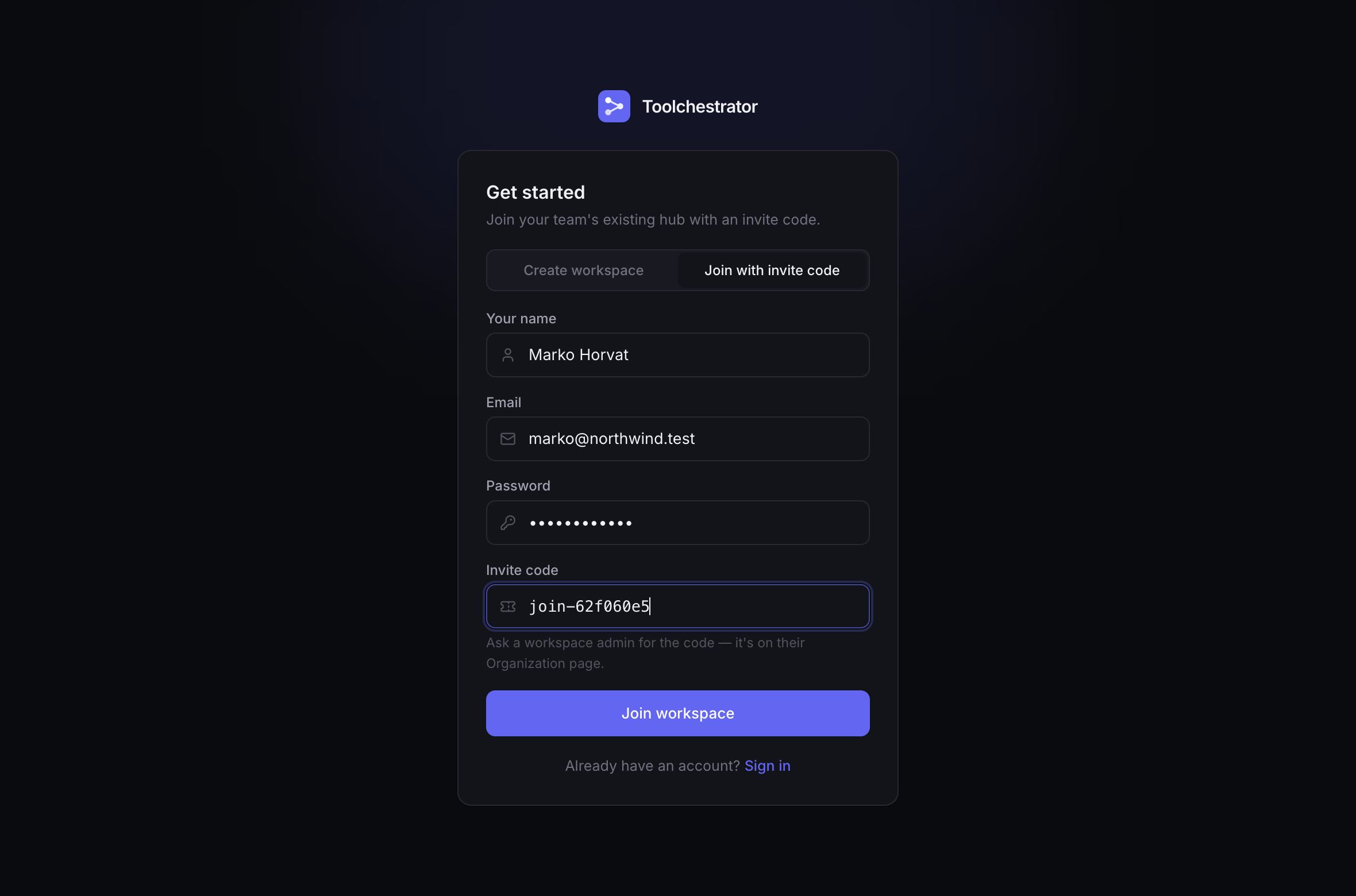 The signup page in Join with invite code mode, with the invite code filled in