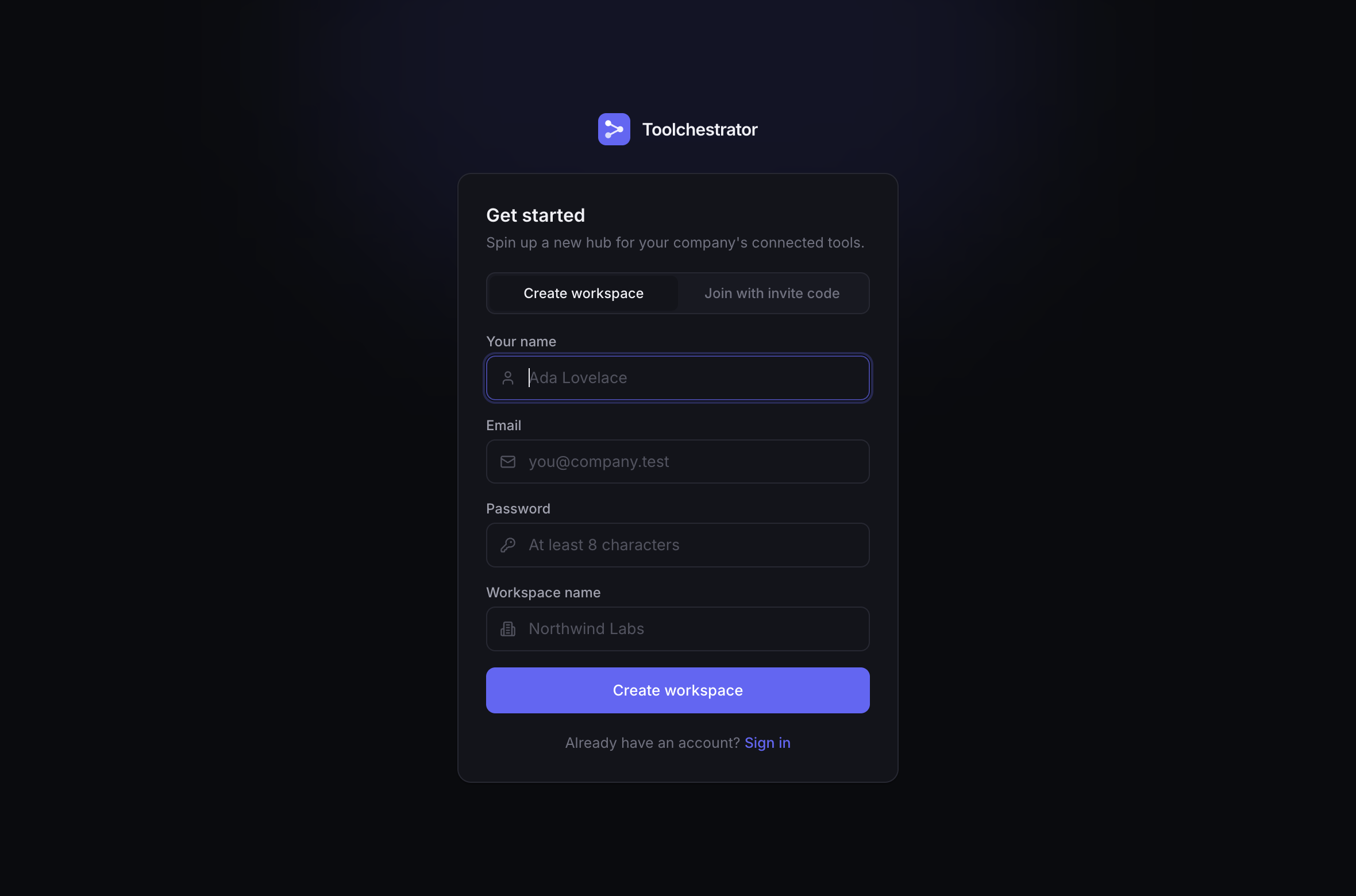The Toolchestrator signup page with the Create workspace form: name, email, password and workspace name